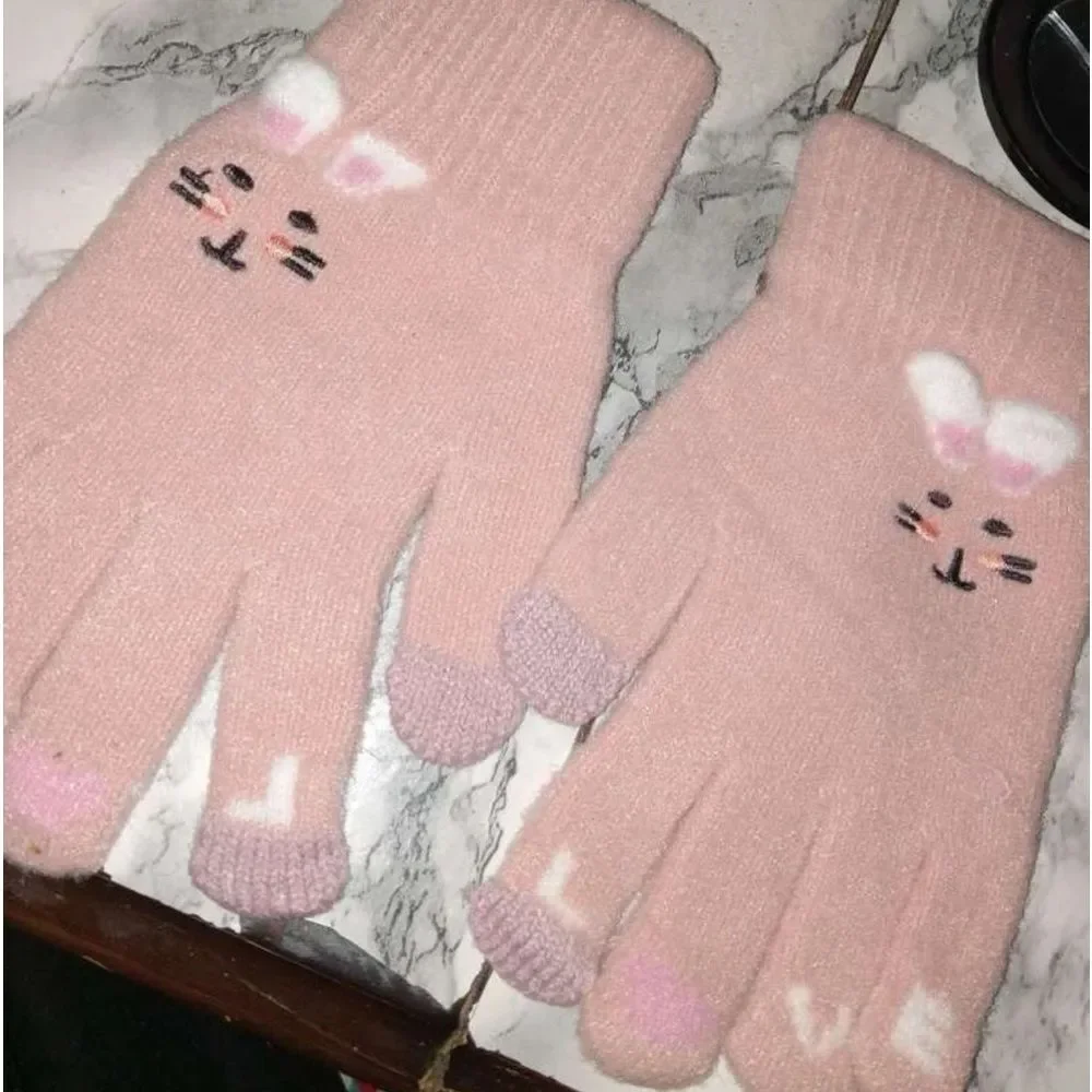 Y2K Lolita Goth Pastel Pink Pom Pom Alice Easter Bunny Rabbit Glove Mittens q